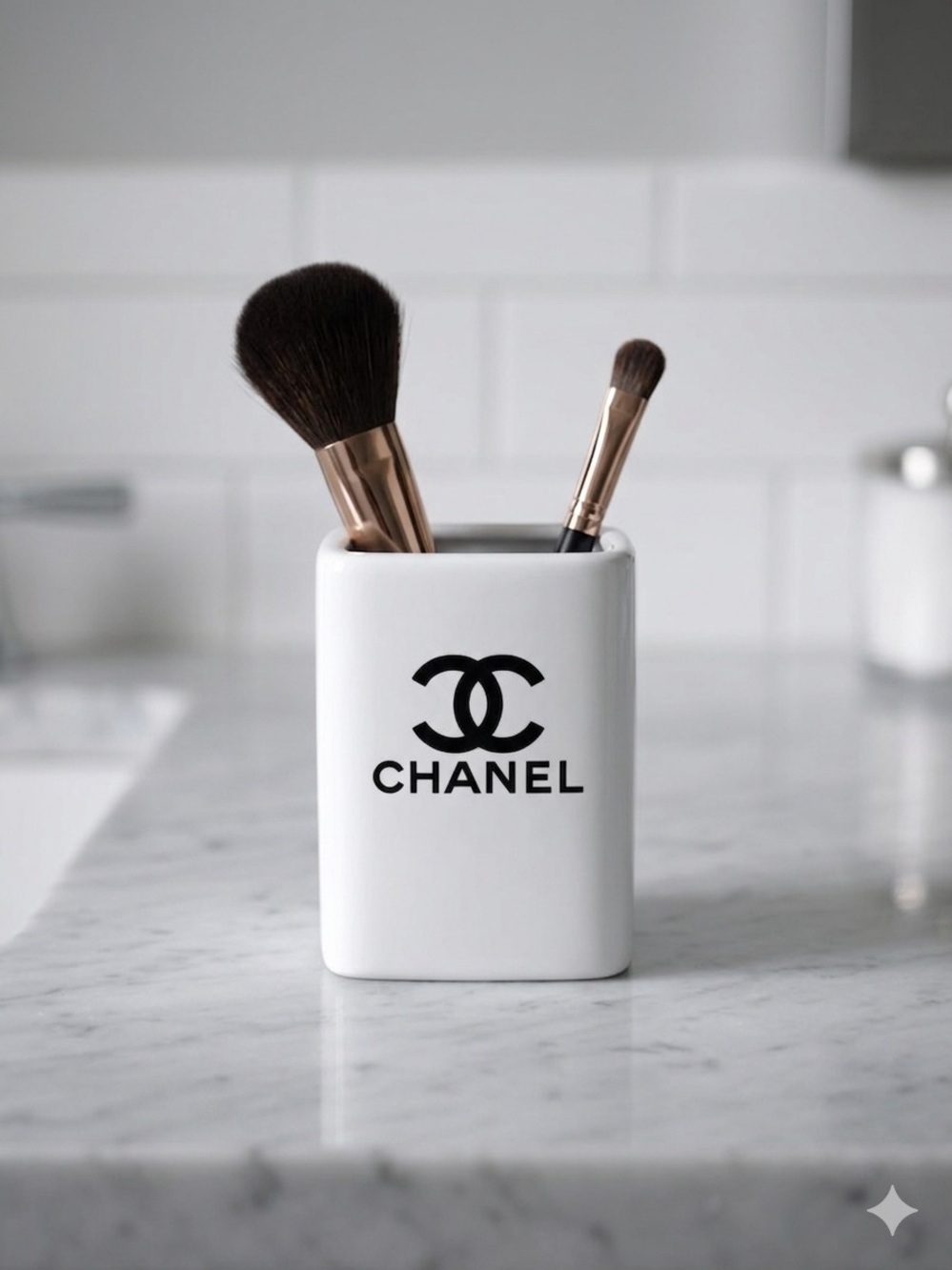 White Ceramic Vanity Brush Holder with Black Logo
